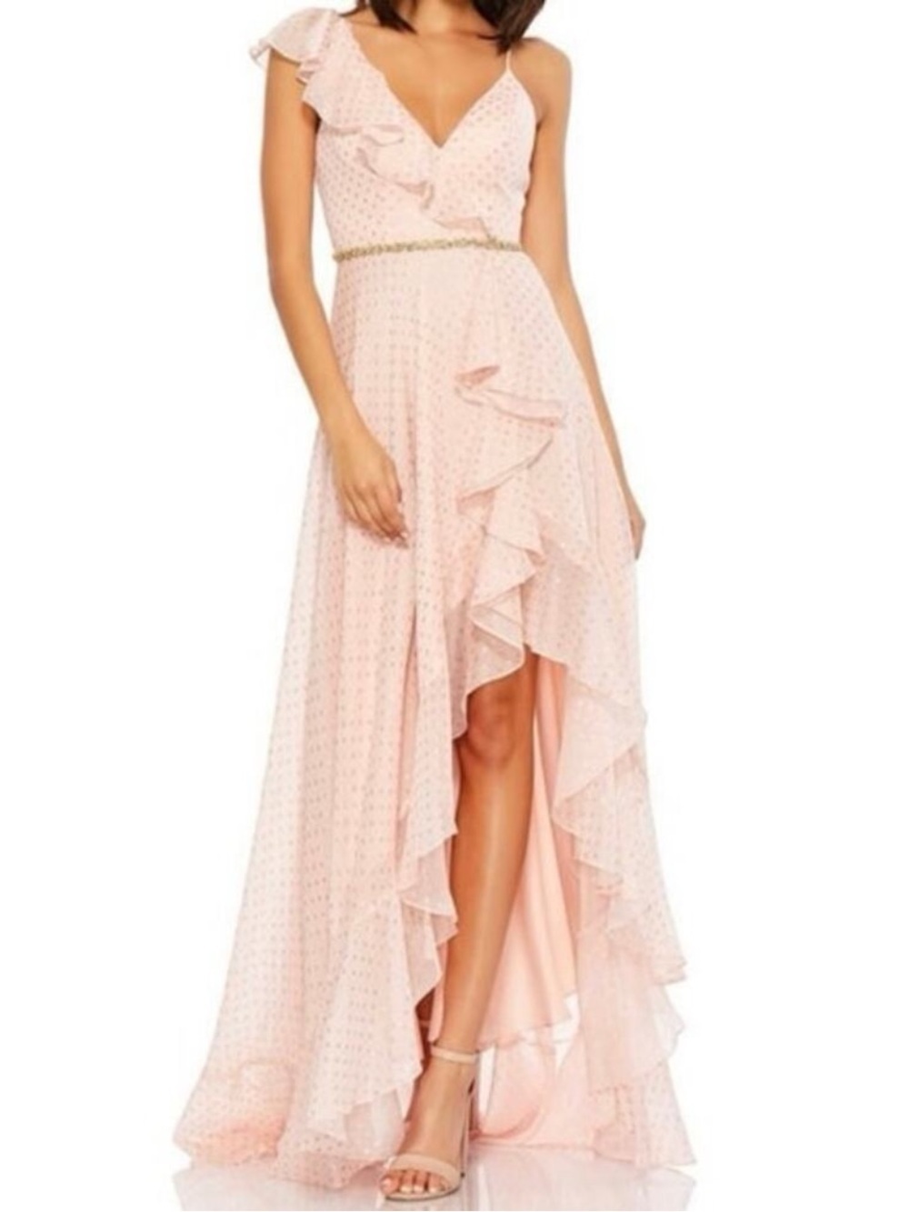 MAC DUGGAL  PINK RUFFLE SLIT POLKA DOT DRESS SIZE 6